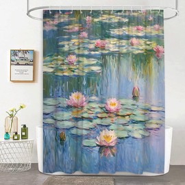 JEJOMEAG Oil Painting Water Lilies Lotus Shower Curtain Garden Fowers Floral Abstract Art Fabric Bathroom Decor Curtain with Hooks, 70Wx70H