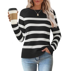 ZESICA Women's Long Sleeve Lightweight Striped Tops Fall Crewneck Ribbed Knit Loose Shirts 2025 Trendy Clothes,Black,X-Large