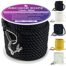 VEITHI Anchor Rope 50 ft x 1/2 inch Black, 3 Strand Anchor Line Boat Rope with Stainless Steel Thimble & Shackle Ideal for Towing,Docking,Boats,Mooring,Anchoring,for Boats Up to 35'