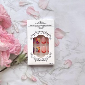 Spring Press on Nails Flowers Short Square Fake Nails Cute Colorful Daisy Flowers Design French Tip False Nails Glossy Full Cover Orange Nail Tips Flower Acrylic Nails for Women Manicure Decorations