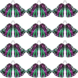 Hoteam 24 Pcs Cheerleading Pom Poms, 12.6 Inch Plastic Cheer Pompoms with Handle, Metallic Foil Cheerleader Poms for Adult for Team Sports Party Dance Cheering Squad Accessories(Pink, Silver, Green)