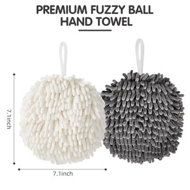16-Pack Chenille Fuzzy Ball Hand Towels, 7.1 Inch Super Soft Absorbent Microfiber Towels, Fast Drying Towel with Loop Hanging Kitchen Towels for Kitchen Decor (8 White & 8 Grey)