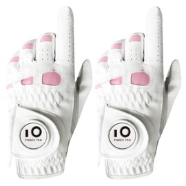 FINGER TEN Golf Gloves Women Leather Glove with Ball Marker for Ladies - Enhanced Grip, Comfort & Durability for Female Golfers (White-2 Pack Worn On Left Hand, Medium)