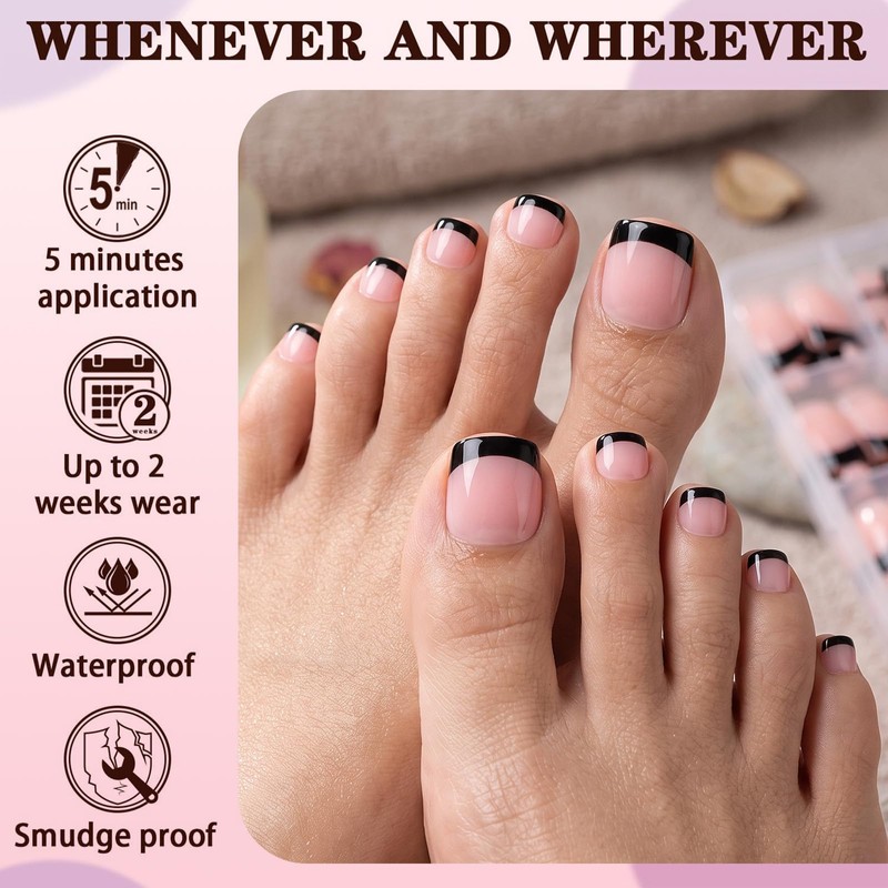 Fake Toe Nail Press ons-Black French Tip Press on Toenails
