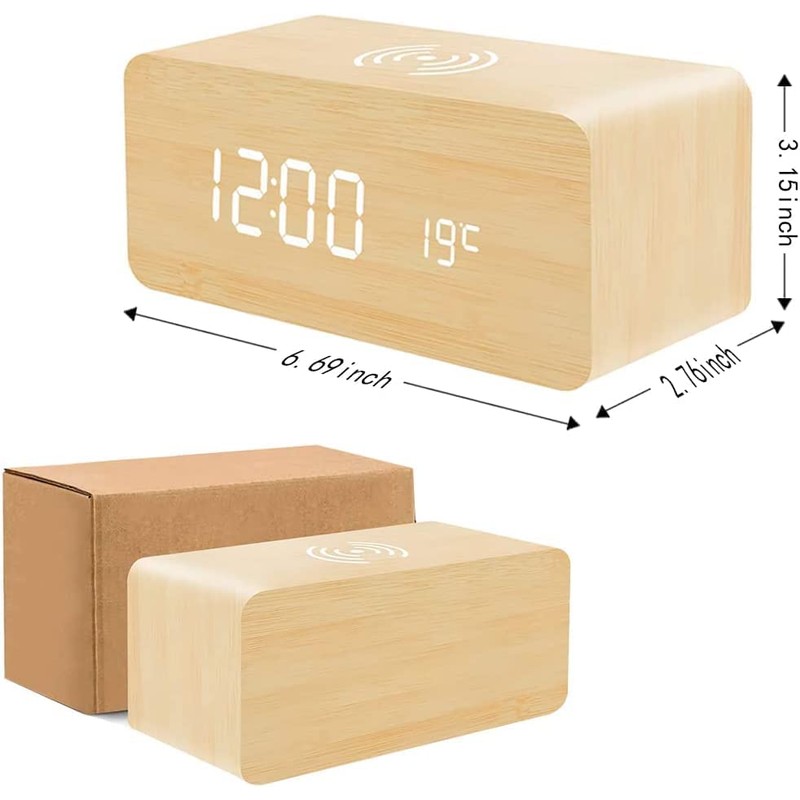 Wooden Digital Alarm Clock with Wireless Charging, 3 Alarms LED