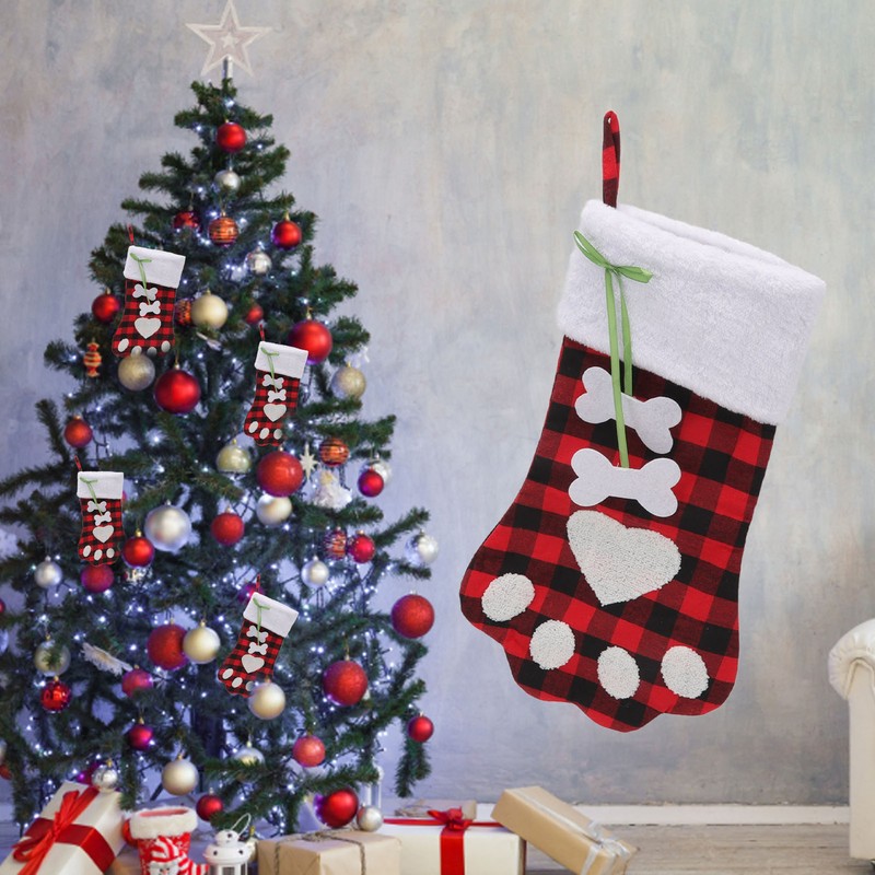 Christmas Stocking Dog Paw Shape Plaid Decorative Gift Bag Christmas