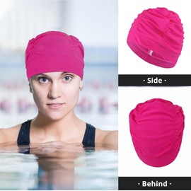 WooWill Swim Caps for Women Swimming, Colorful Printed Swimming Cap for Women Large Nylon Cloth Swim Cap Not Waterproof Pleated Elastic Bathing Cap for Long Hair & Thick Curly Hair, 11 Rose Red