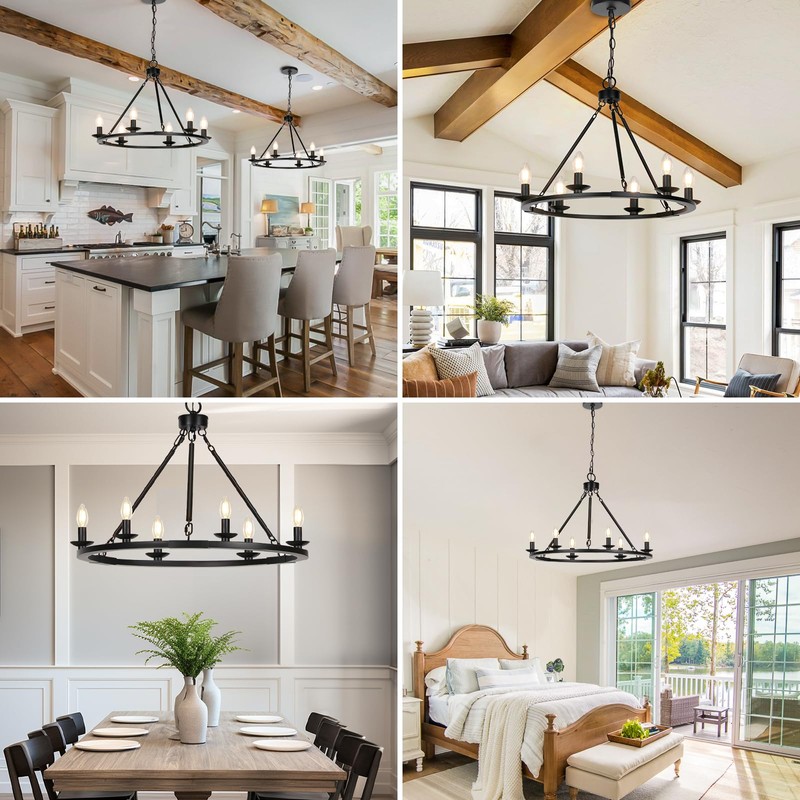 Black Farmhouse Chandelier, 6-Light Wagon Wheel Chandelier with Adjustable Height,