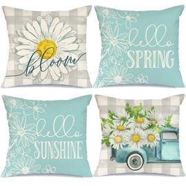 GEEORY Pillow Covers 18x18 Set of 4 Buffalo Plaid Daisy Truck Bloom Hello Sunshine Spring Pillows Decorative Throw Pillows Light Blue Pillowcase Spring Decorations Farmhouse Decor for Couch Sofa