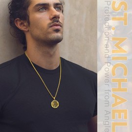 Bandmax Men Women 18K Gold Plated Catholic Religious Medal Necklace Saint Michael Protect Us Round Charm Necklace Guardian Angel Pendant with 22" Chain