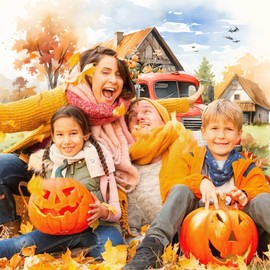 Fall Photography Backdrop Autumn Pumpkin Truck Maple Leaves Background, Thanksgiving Party Supplies Farm Harvest Banner Photo 72 x 44 Inch