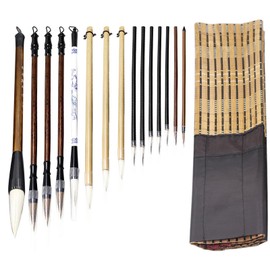 Huakaile 15 Piece Chinese Calligraphy Brush Set with Roll-Up Bamboo Holder, Professional Sumi Brushes Different Sizes Writing Brush for Watercolor Ink Painting Drawing Art Supplies (Burlywood)