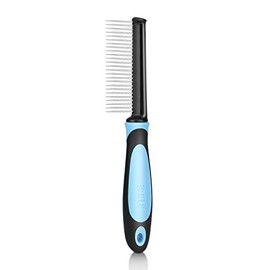 Flexzion Dog Comb - Pet Cat Grooming Trimmer Brush Stainless Steel Blade for Small Animal Puppy Dead Matted Tangles Hair Cutting Removing Tool with Rounded Teeth Needle Soft Grip Handle (Blue)