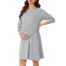 Vlazom Women 3 in 1 Cotton Nursing/Delivery/Labor/Maternity Nightgown Half Sleeve Breastfeeding Sleep Dress Hospital Gown Sleepwear with Buttons Grey Stripes,XXL