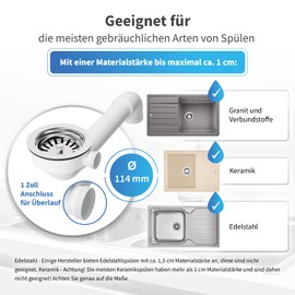 AQUADE Strainer Basket Valve 114 mm with Space Creator and 1 Inch Overflow Sink Connection / Sink Drain Strainer Basket Valve - Kitchen Drain Fitting Sink