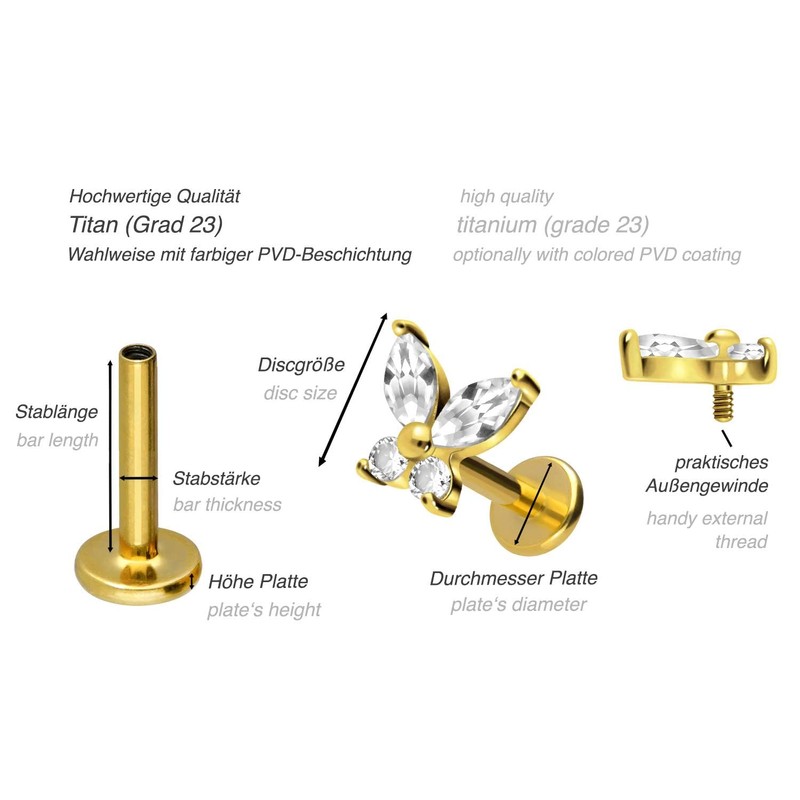 PIERCINGLINE Titanium Labret with Internal Thread Titanium Attachment Crystal Butterfly