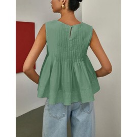 Megfie Womens Summer Pleated Peplum Sleeveless Blouse Tank Tops Round Neck Y2K Babydoll Blouse Shirt(0869-Green-XL)