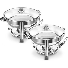 ALPHA LIVING 70012-R Dish Set of 2 – Complete Stainless Steel Chaffe Set with Glass Lids, Chafing Fuel Holder – Elegant and Practical Warmer Trays for Buffet, Wedding, Catering Supplies