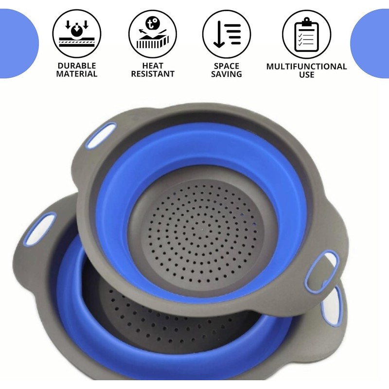 Blue Round Silicone Collapsible Colander – Silicone Round Kitchen Strainers