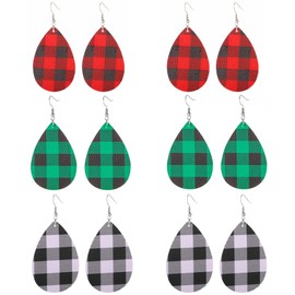 Buffalo Plaid Leather Earrings for Women,6 Pairs Handmade Lightweight Christmas Plaid Earrings,Xmas Check Teardrop Earrings for Girls