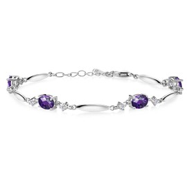 Gem Stone King 925 Sterling Silver Purple Amethyst and White Moissanite Tennis Bracelet For Women | 3.30 Cttw | Gemstone February Birthstone | Oval Checkerboard 7X5MM | 6 Inch + 1 Inch Extender