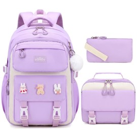DIGOBAY 3PCS Girls Backpack for School, Kids Backpack for Girls with Lunch Box Pencil Case Set for Teen Girls Elementary Primary Middle High College School Bookbag with Cute Pins (Purple)