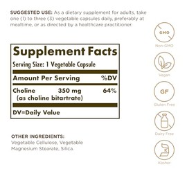 SOLGAR SOLGAR Choline 350 mg - 100 Vegetable Capsules, Pack of 2 - Non-GMO, Vegan, Kosher - 200 Total Servings