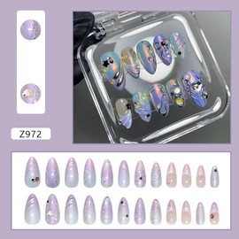 24Pcs Purple Press on Nails Medium Almond Fake Nails Star Heart Rhinestones Glitter Design Full Cover Cute Bow Stick on Nails Silver Chrome Nails French Tip False Nails for Women Girls Acrylic Nails