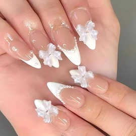 LPOODDNU White French Tip Press on Nails Almond Medium Fake Nails with Charms 3D Bow Pearl Acrylic False Nails Cute Artificial Nails Press ons Reusable Glue on Nails for Women and Girls 24Pcs