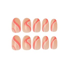 24PCS Short False Nails with Glue Stickers, Coffin Full Cover Acrylic Nails Press on Nails no Glue,Red White Waves French Tip Fake Nails Stick on Nails for Women and Girls Nail Art.