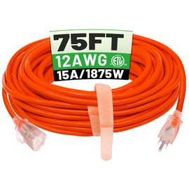 POWGRN 75 ft 12/3 Outdoor Extension Cord Waterproof Heavy Duty with Lighted Indicator End 12 Gauge 3 Prong, Flexible Cold-Resistant Long Power Cord Outside, 15Amp 1875W SJTW Orange ETL Listed