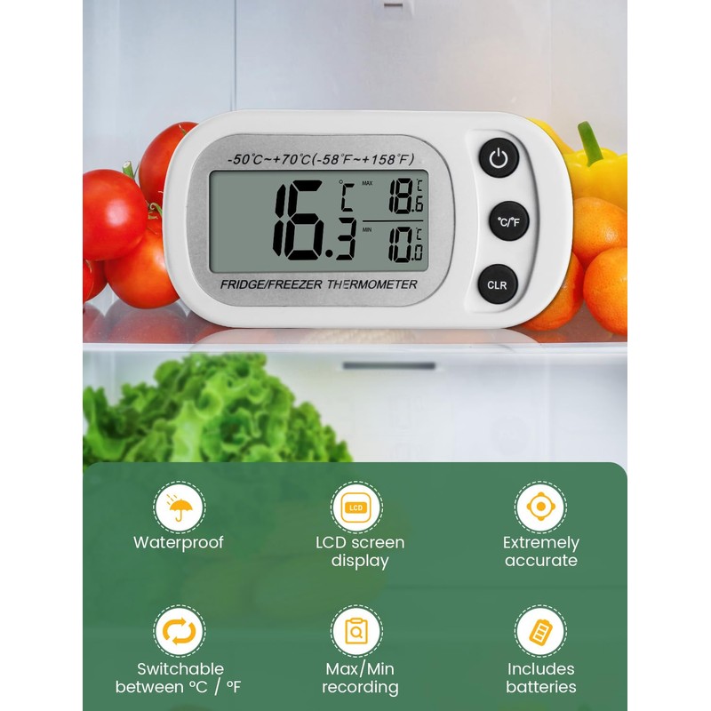 Houdian Digital Refrigerator Thermometer, Maximum/Minimum Recording Function, Waterproof Refrigerator/Freezer Thermometer