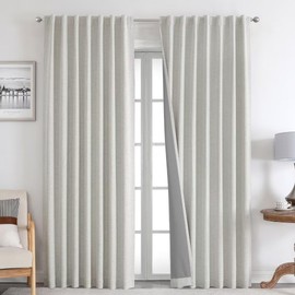 Joydeco 100% Blackout Curtains 90 inches Long Natural Linen Drapes 2 Panels Set Burg for Bedroom Living Room Black Out Darkening Curtain Thermal Insulated Back tab Rod Pocket(52x90 inch,Greyish White)