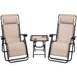 COSTWAY 【Costway】-3 Pieces Folding Portable Zero Gravity Reclining Lounge Chairs Table Set-Black - color: Beige