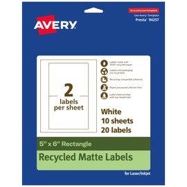 Avery EcoFriendly Matte White Recycled Rectangle Labels, 5" x 6", Matte White Labels, Permanent Adhesive, Laser/Inkjet Printable, 20 Total