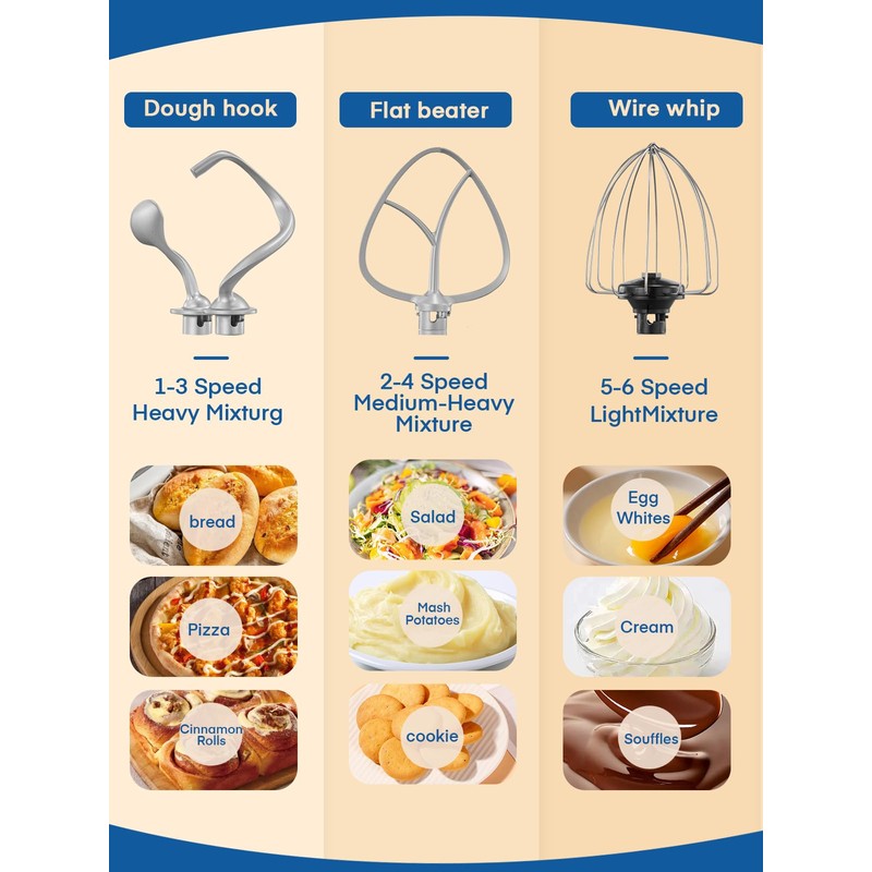 Stand Mixer Fohere, With Double Dough Hook, Wire Whip &