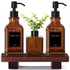 Modern Kitchen Soap Dispenser Set with Wood Tray, Amber Glass