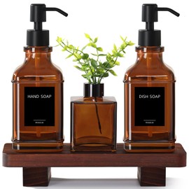 Modern Kitchen Soap Dispenser Set with Wood Tray, Amber Glass Soap Dispensers with Pump, Decorative Hand and Dish Soap Dispenser Set, Soap and Lotion Dispenser Upgrade for Kitchen and Bathroom Decor
