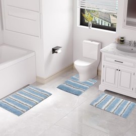 Non Slip & Machine Washable Bathroom Rugs Sets 3 Piece with Contour | Luxurious Water-Absorbent Thick Plush Shaggy Mat Lavish Cushioned Feel Underfoot, Pretty Blue & Gray Color