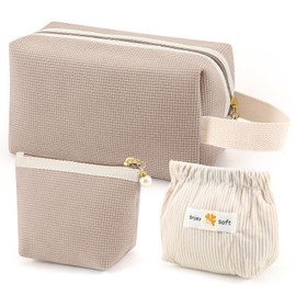 Boobeen Corduroy Makeup Bag for Purse Travel, 3 PCS Portable Cute Cosmetic Bag Organizer for Women and Girls, Large and Small Makeup Storage Pouch with Zipper