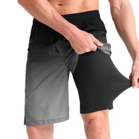 zeetoo Mens Swim Trunks with Compression Liner 9" Inseam Quick Dry Swim Shorts with Zipper Pockets Bathing Suit Gradient-Black L