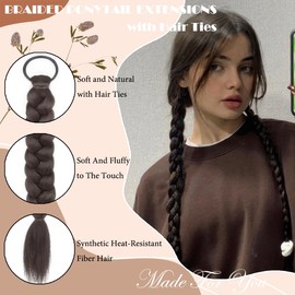 JIE CARALL 2 Pcs Braided Ponytail Extensions with Hair Ties Soft Natural Synthetic Ponytail Hair Pieces for Women Girls Daily Hairpieces Accessories 16 Inch (Brownish Black)