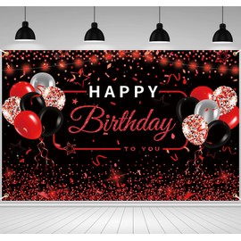 Red and Black Happy Birthday Background Banner Sign Poster Large Fabric Glitter Balloon Fireworks Sign Birthday Photo Backdrop Background for Kid Adults Birthday Party Decoration Supplies,65 x 41 Inch