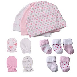 Chamie Baby’s 12-Pieces Organic Cotton Socks, Caps and Mittens Set for Baby Girls and Boys, Flower3