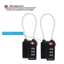2 x V.S.P. Luggage Locks TSA Approved, Cable Travel Locks, 3 Digit Combination Zipper Locks for Travel Suitcase, Baggage, Backpack, Briefcase, Small Locker Lock for Gym, School (2, Black)