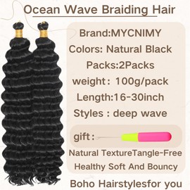 Ocean Wave Crochet Hair 30 Inch 2 Packs Deep Wave Curly Braiding Hair for Black Women Synthetic Wavy Curly Braiding Hair for Boho Braids (30 Inch,Natural Black)