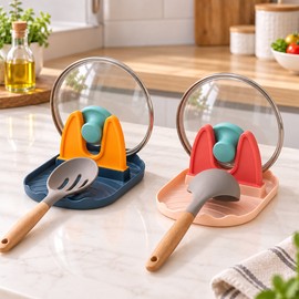 2-Pack Pot Lid and Spoon Rest Holders for Kitchen Counters – Dual-Slot Cooking Utensil Stands with Drip Trays in Two Colors
