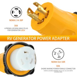 Kanayu L14-30P to SS2-50R RV Marine Power Generator Adapter, 30A 4 Prong Locking Generator L14-30P Male to 50A Marine Shore Power SS2-50R Female Locking Ring 125V/250V