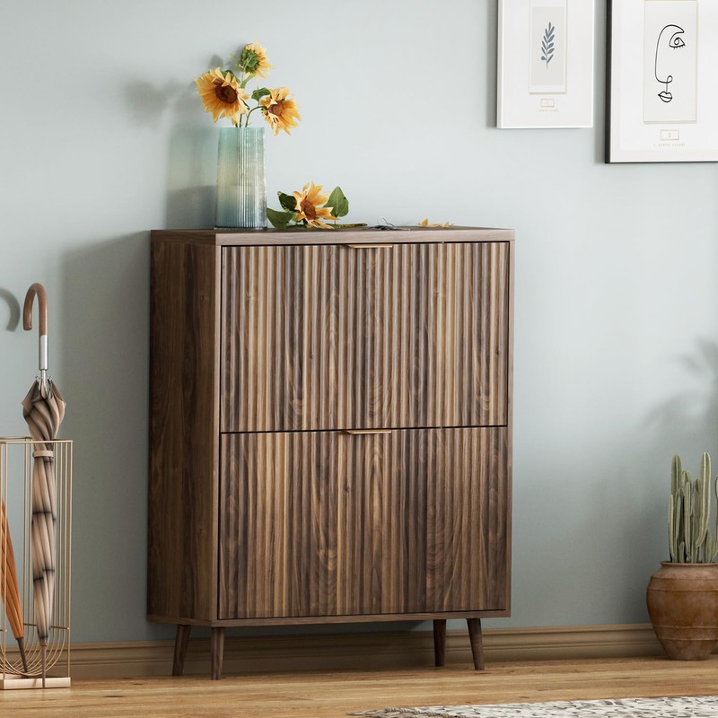 QIVOMIX Shoe Cabinet Storage,Modern Freestanding Organizer with 2 Flip Drawers,Narrow