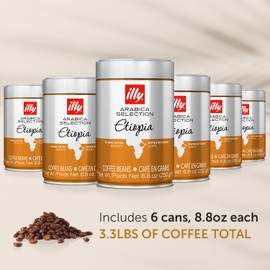 illy Arabica Selections Ethiopia Whole Bean Coffee, 100% Arabica Bean Single Origin Coffee, Light Roast with Notes of Jasmine, All-Natural, No Preservatives, 8.8 Ounce Can (Pack of 6)
